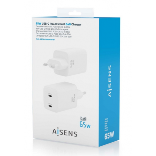 Cargador Aisens GaN 65W 2xUSB-C PD3.0...