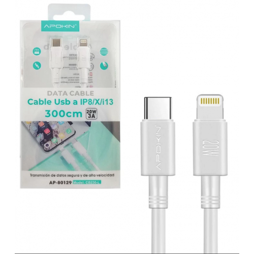 Cable Apokin USB-C a Lightning 300 cm...