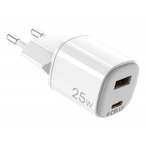 Cargador CELLY USB-A USB-C 25W Blanco...