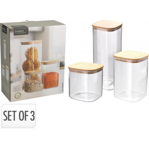 Set de 3 Botes con Tapa de Bambú