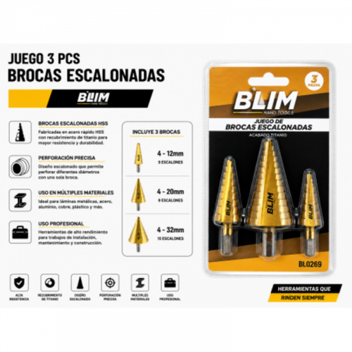 Juego 3 Piezas Brocas Escalonadas Blim