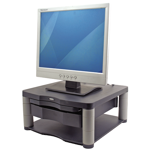 SOPORTE MESA MONITOR LCD FELLOWES PREMIUM PLUS GRAFITO / AJUSTABLE 5 ALTURAS / BANDEJA DE ALMACENAMIENTO / P/N: 91695