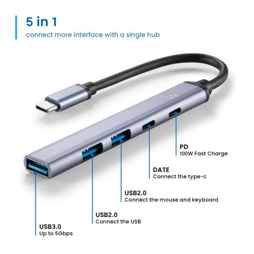 Ewent EW1149 Hub Slim Usb-C 5 En 1
